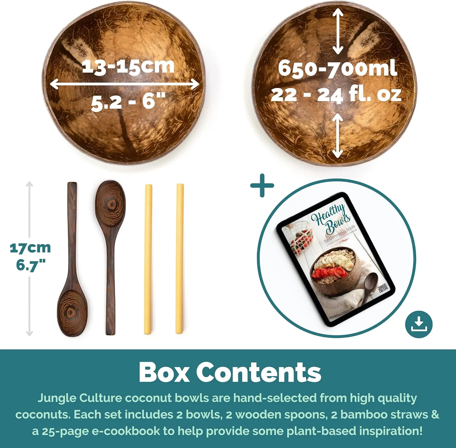 Jungle Culture 2 Polished Coconut Bowl and Wooden Spoons Set with Bamboo Straws • Natural Coconut Smoothie Bowls • Healthy Choice Coco Shell Acai & Buddha Bowls • Eco Friendly Vegan Gifts