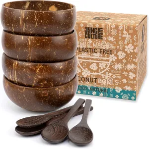 Jungle Culture 4 Polished Coconut Bowl and Wooden Spoons Set with Bamboo Straws • Smoothie Bowls • Healthy Choice Natural Coco Shell Acai & Buddha Bowls • Eco Friendly Vegan Gifts