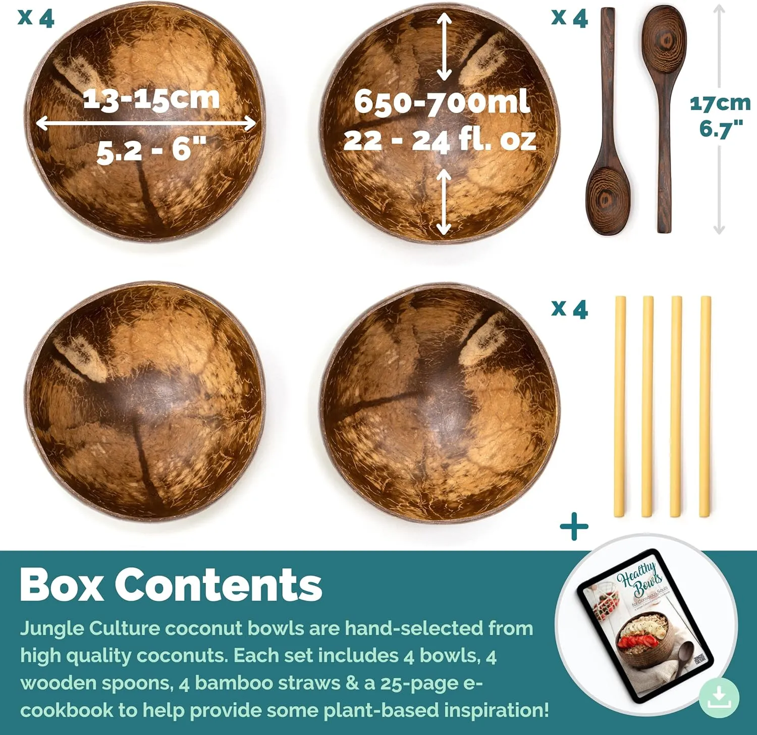Jungle Culture 4 Polished Coconut Bowl and Wooden Spoons Set with Bamboo Straws • Smoothie Bowls • Healthy Choice Natural Coco Shell Acai & Buddha Bowls • Eco Friendly Vegan Gifts