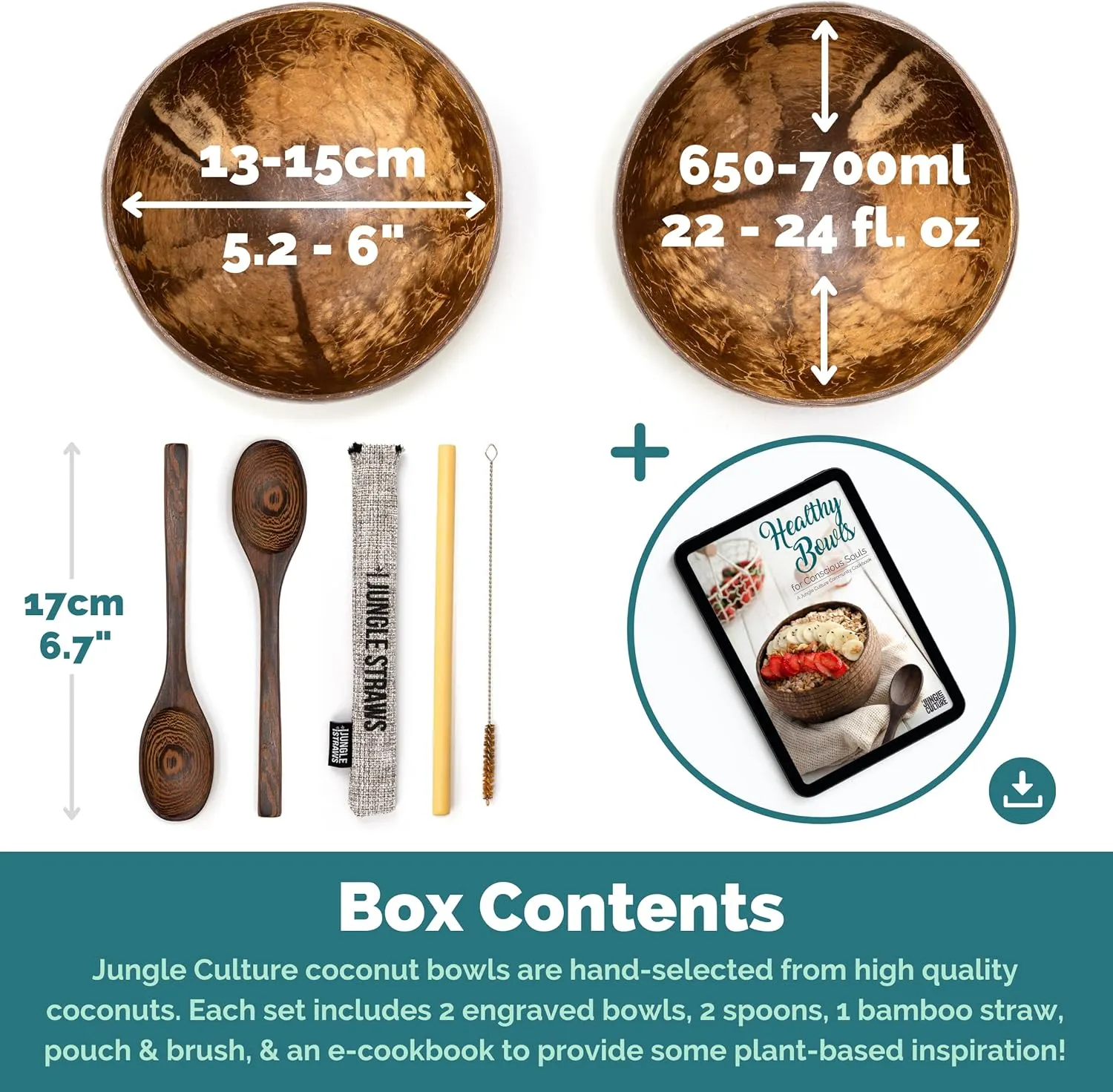 Jungle Culture Patterned Coconut Bowl and Wooden Spoons Set • 2 Natural Coconuts Bowls & Bamboo Straws • Coconut Shell Acai, Smoothie & Buddha Bowls • Vegan Gifts