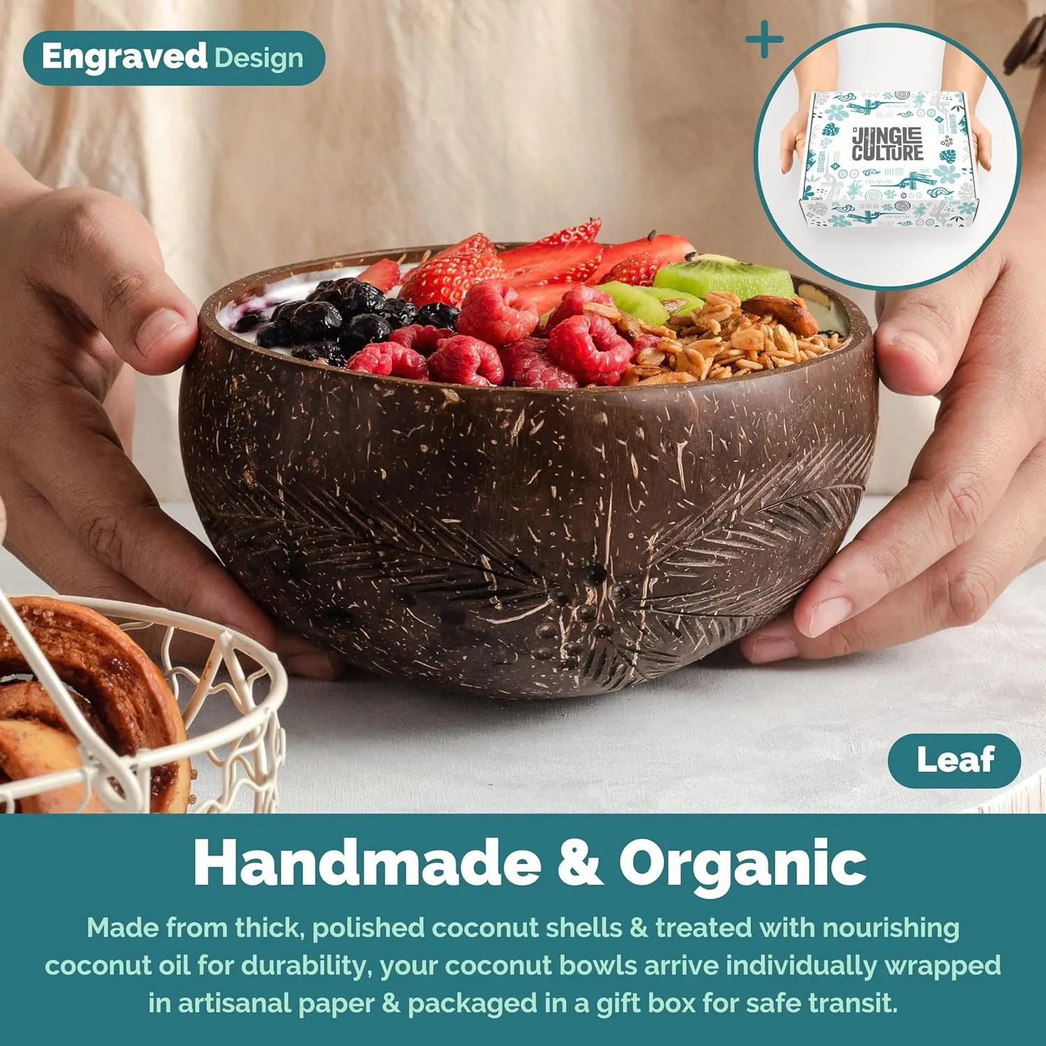 Jungle Culture Patterned Coconut Bowl and Wooden Spoons Set • 2 Natural Coconuts Bowls & Bamboo Straws • Coconut Shell Acai, Smoothie & Buddha Bowls • Vegan Gifts