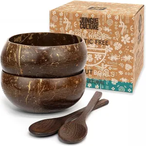 Jungle Culture Patterned Coconut Bowl and Wooden Spoons Set • 2 Natural Coconuts Bowls & Bamboo Straws • Coconut Shell Acai, Smoothie & Buddha Bowls • Vegan Gifts