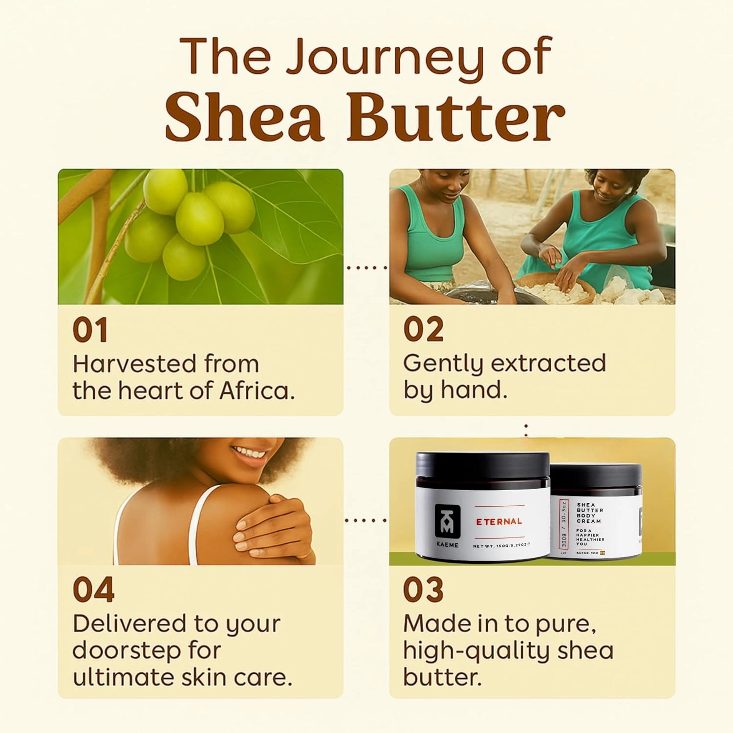 Kaeme Eternal African Whipped Shea Butter Made with Raw Organic Unrefined butter, Moisturizer for Skin, With Coconut Oil, Deep Hydration for Skin, DIY, From Ghana, For Women and Men (3.4oz/100g jar)