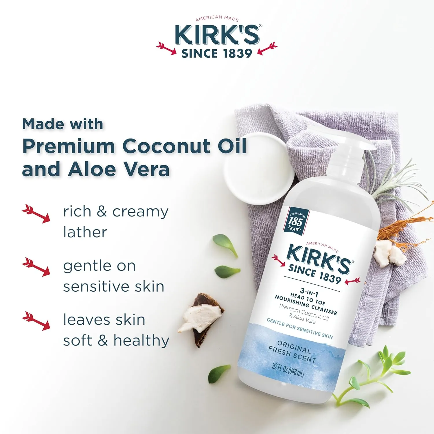Kirk's 3-in-1 Head to Toe Nourishing Liquid Cleanser & Travel Size Bar Soap - for Men, Women & Children - Premium Coconut Oil and Aloe Vera- Non GMO & Vegan -Original Fresh Scent - 32 Fl Oz. 2 pack