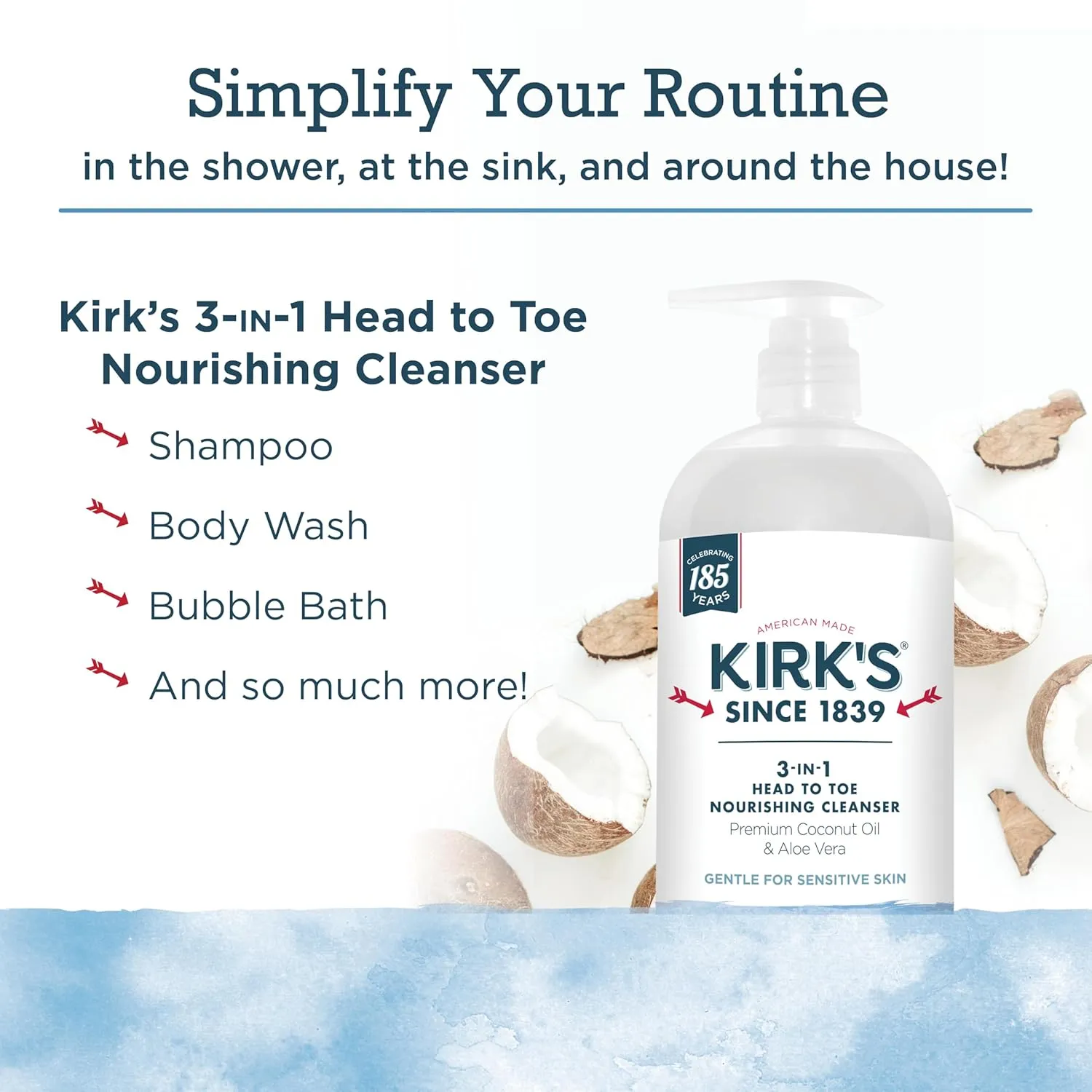 Kirk's 3-in-1 Head to Toe Nourishing Liquid Cleanser & Travel Size Bar Soap - for Men, Women & Children - Premium Coconut Oil and Aloe Vera- Non GMO & Vegan -Original Fresh Scent - 32 Fl Oz. 2 pack