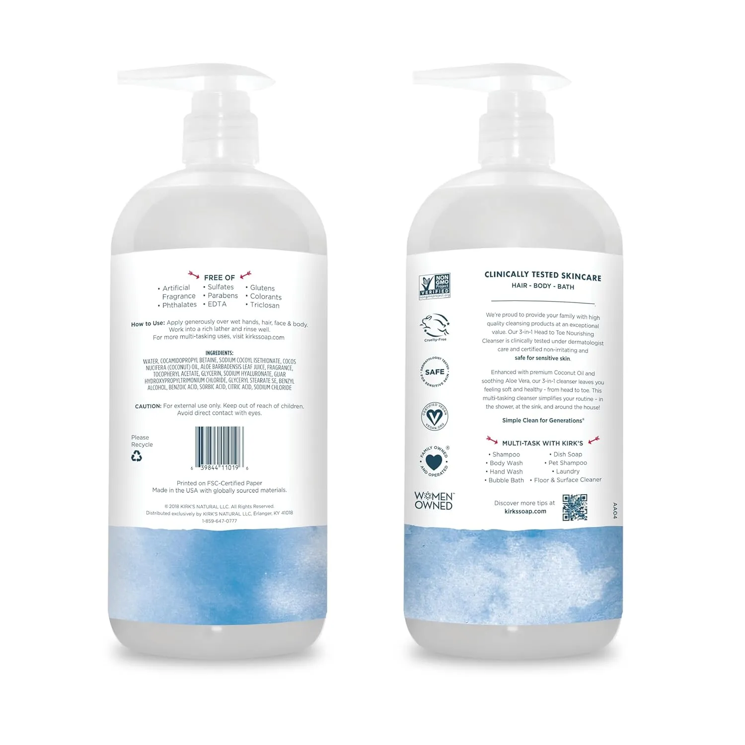 Kirk's 3-in-1 Head to Toe Nourishing Liquid Cleanser & Travel Size Bar Soap - for Men, Women & Children - Premium Coconut Oil and Aloe Vera- Non GMO & Vegan -Original Fresh Scent - 32 Fl Oz. 2 pack