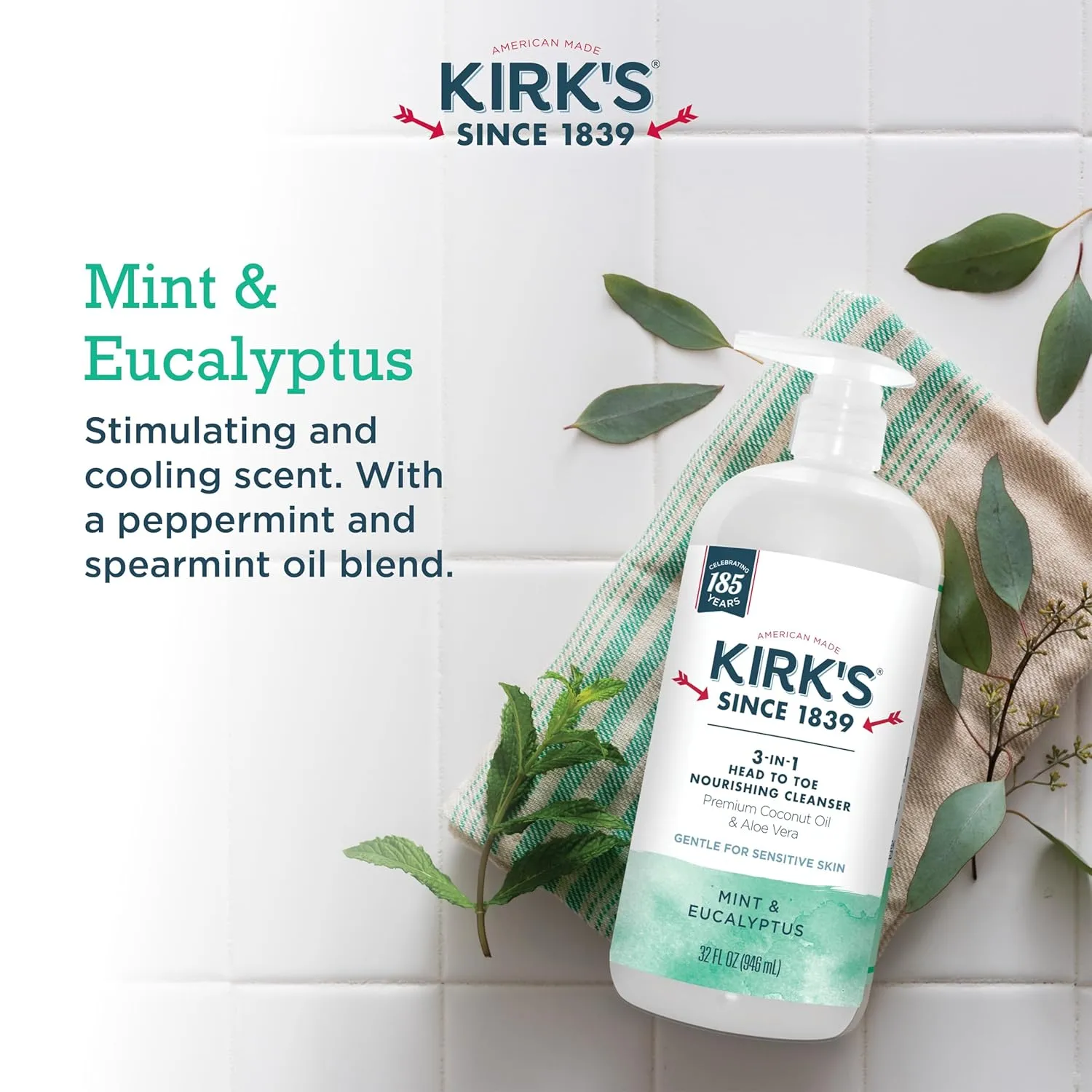 Kirk's 3-in-1 Head to Toe Nourishing Liquid Cleanser - for Men, Women, & Children - Premium Coconut Oil & Aloe Vera - Non GMO & Vegan - Mint and Eucalyptus - 32 Fl Oz. 2 pack