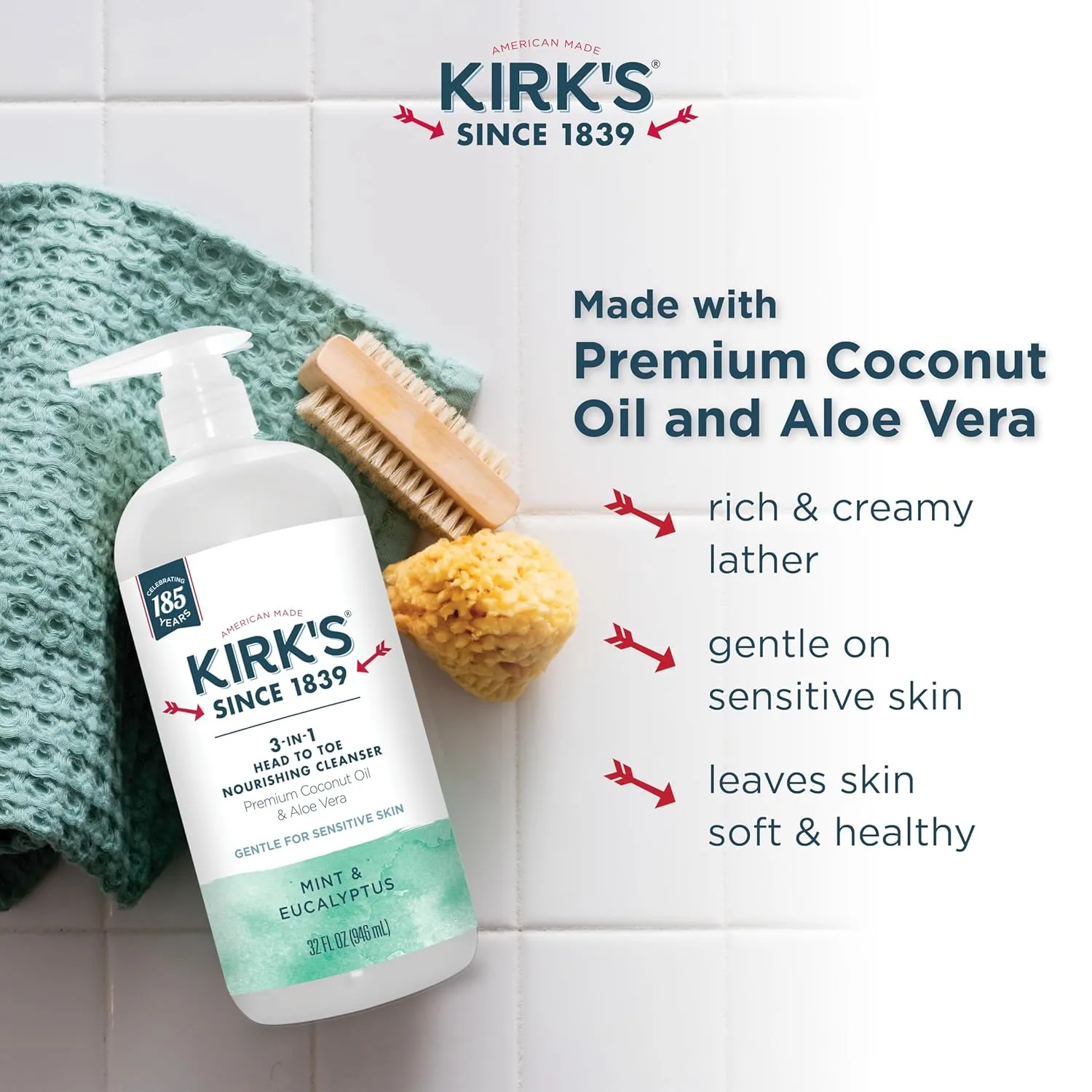 Kirk's 3-in-1 Head to Toe Nourishing Liquid Cleanser - for Men, Women, & Children - Premium Coconut Oil & Aloe Vera - Non GMO & Vegan - Mint and Eucalyptus - 32 Fl Oz. 2 pack