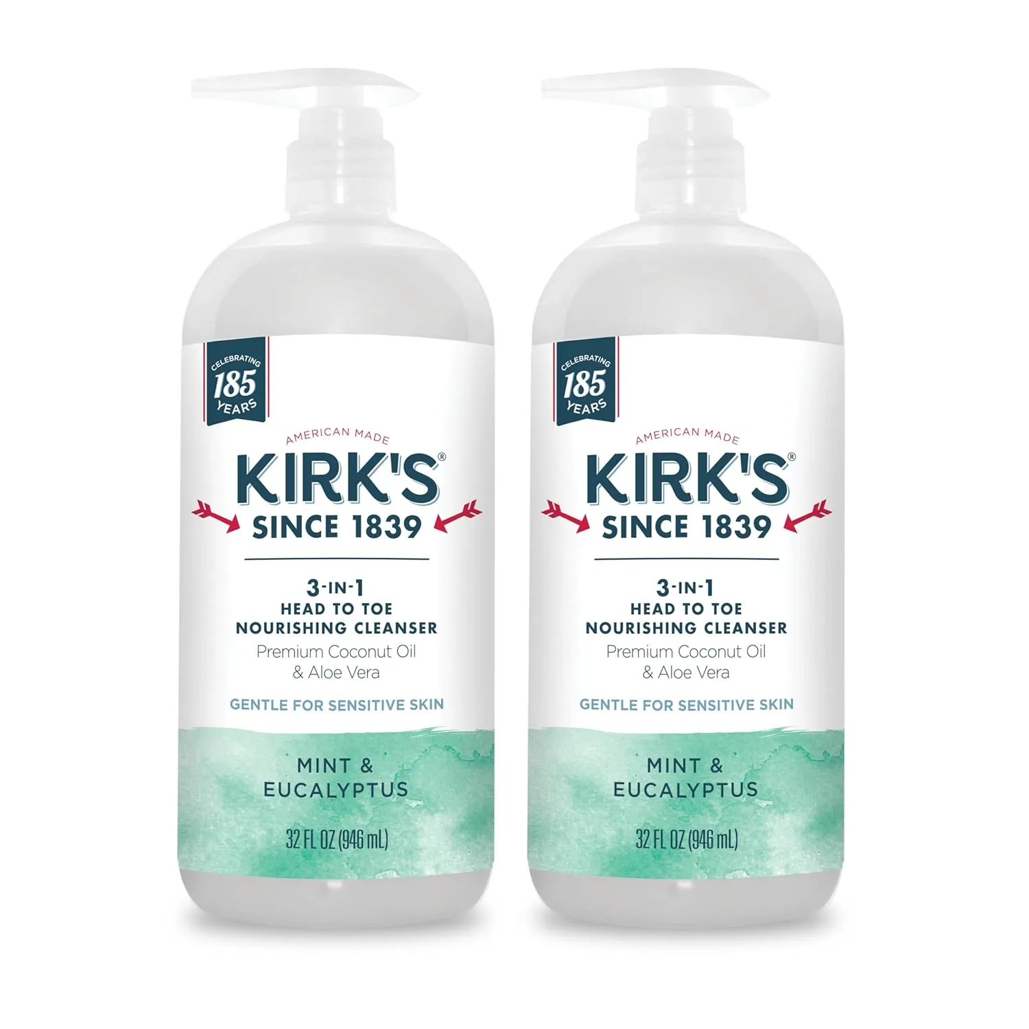 Kirk's 3-in-1 Head to Toe Nourishing Liquid Cleanser - for Men, Women, & Children - Premium Coconut Oil & Aloe Vera - Non GMO & Vegan - Mint and Eucalyptus - 32 Fl Oz. 2 pack