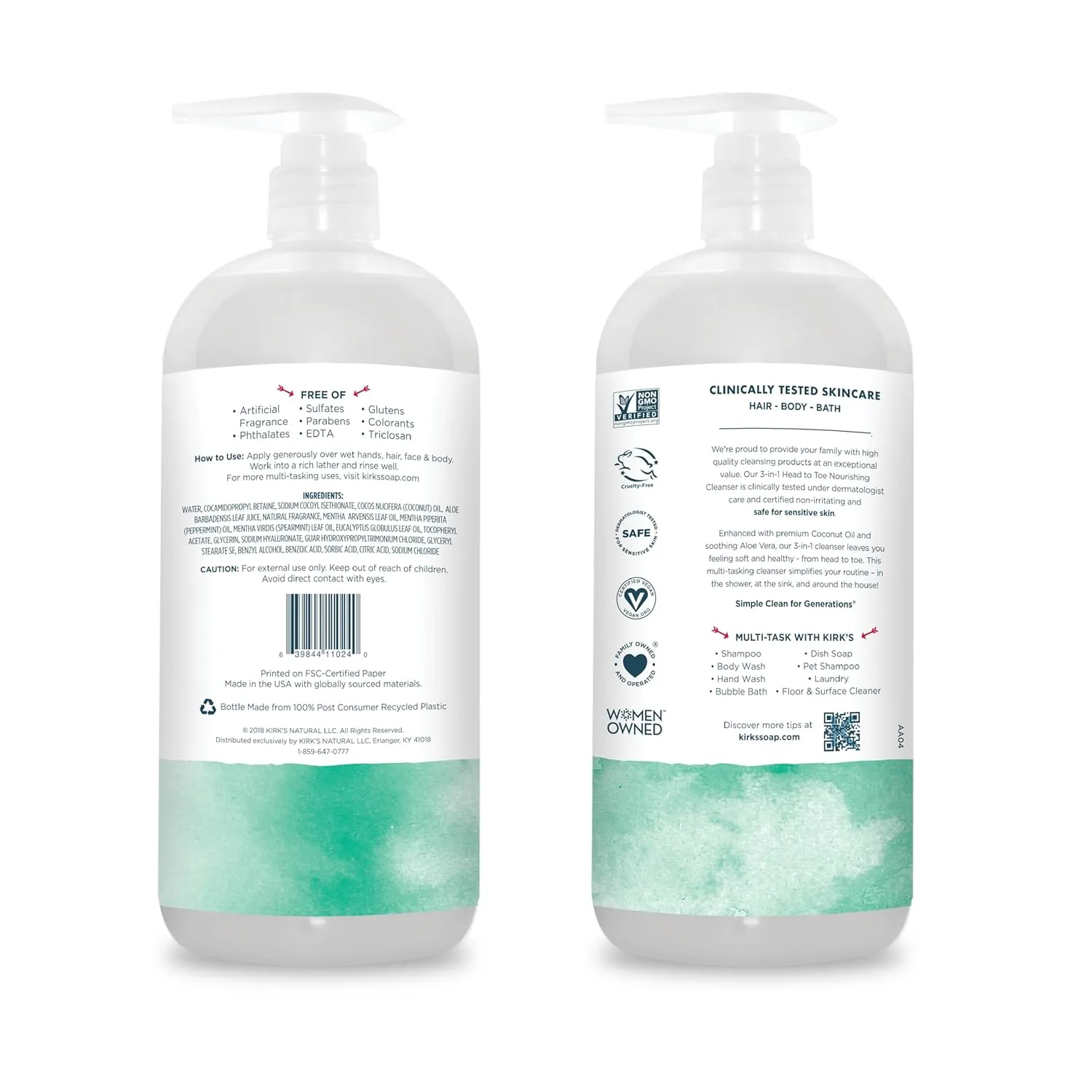 Kirk's 3-in-1 Head to Toe Nourishing Liquid Cleanser - for Men, Women, & Children - Premium Coconut Oil & Aloe Vera - Non GMO & Vegan - Mint and Eucalyptus - 32 Fl Oz. 2 pack