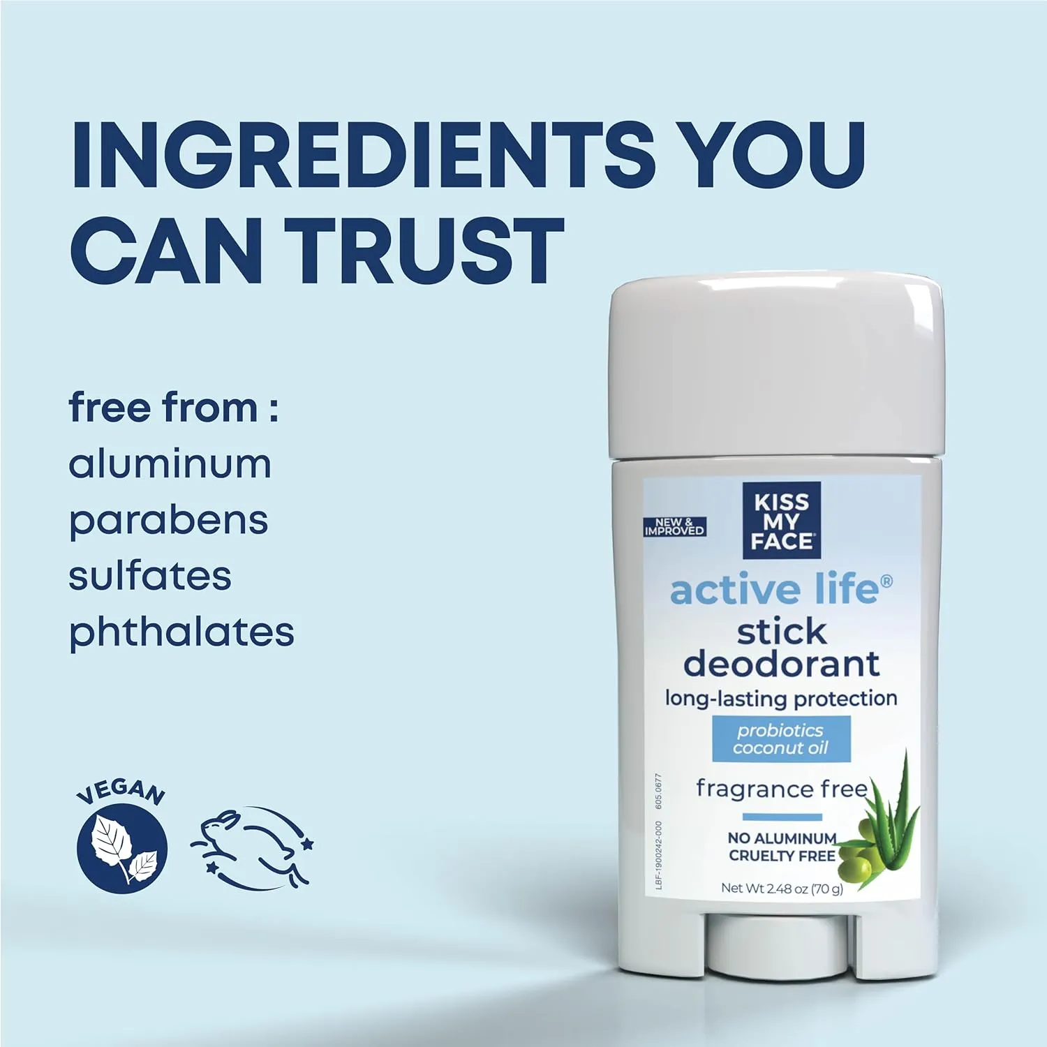 Kiss My Face Active Life Deodorant Contains Naturally Derived Ingredients, 72 Hour Odor Control | Deodorant for Women and Men, Aluminum Free with Coconut Oil and Probiotics, Fragrance Free, 3 pack