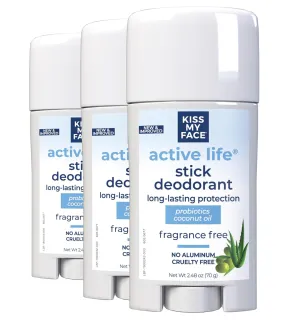 Kiss My Face Active Life Deodorant Contains Naturally Derived Ingredients, 72 Hour Odor Control | Deodorant for Women and Men, Aluminum Free with Coconut Oil and Probiotics, Fragrance Free, 3 pack