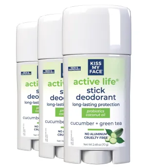 Kiss My Face Active Life Deodorant Contains Naturally Derived Ingredients, 72 Hour Odor Control | For Women and Men, Aluminum Free with Coconut Oil and Probiotics, Cucumber and Green Tea Scent, 3 pack