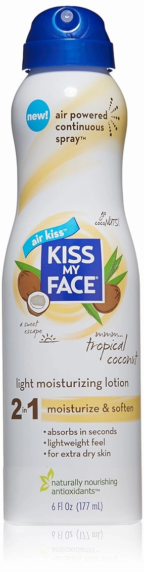 Kiss My Face Moisturizing Spray Lotion, Tropical Coconut Oil Light Moisturizer, 6 oz