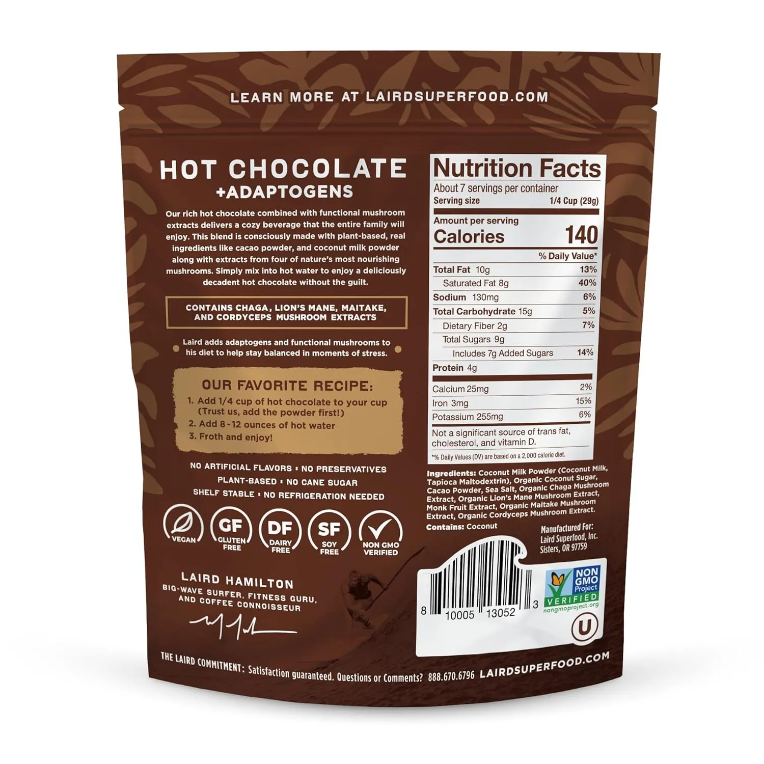 Laird Superfood Functional Mushrooms Hot Chocolate, Organic Cacao Powder Blended with Nourishing Mushrooms, 8 oz. Bag, Pack of 1