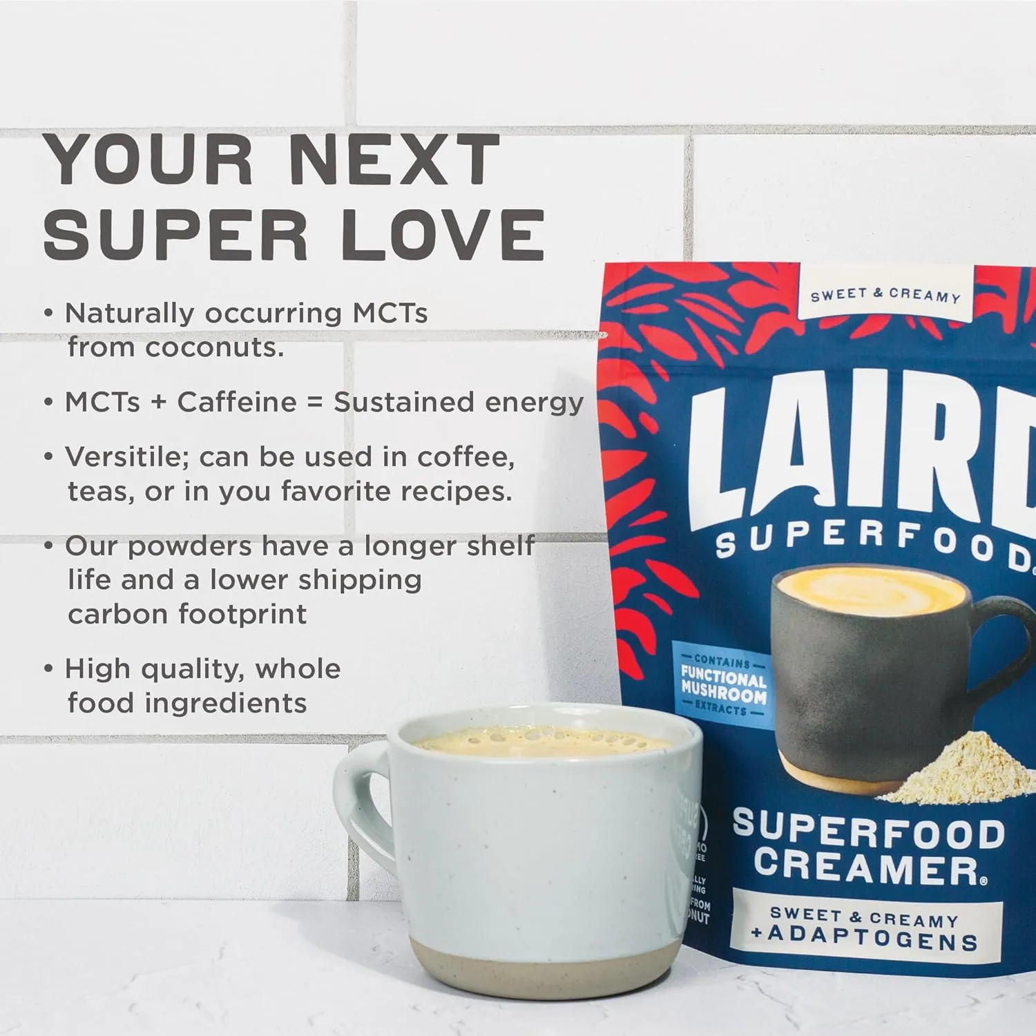 Laird Superfood Non-Dairy Coconut Powder Creamer - Sweet & Creamy   Adaptogens - Superfood Creamer with Functional Mushrooms - Non-GMO, Vegan, 16 oz. Bag, Pack of 1