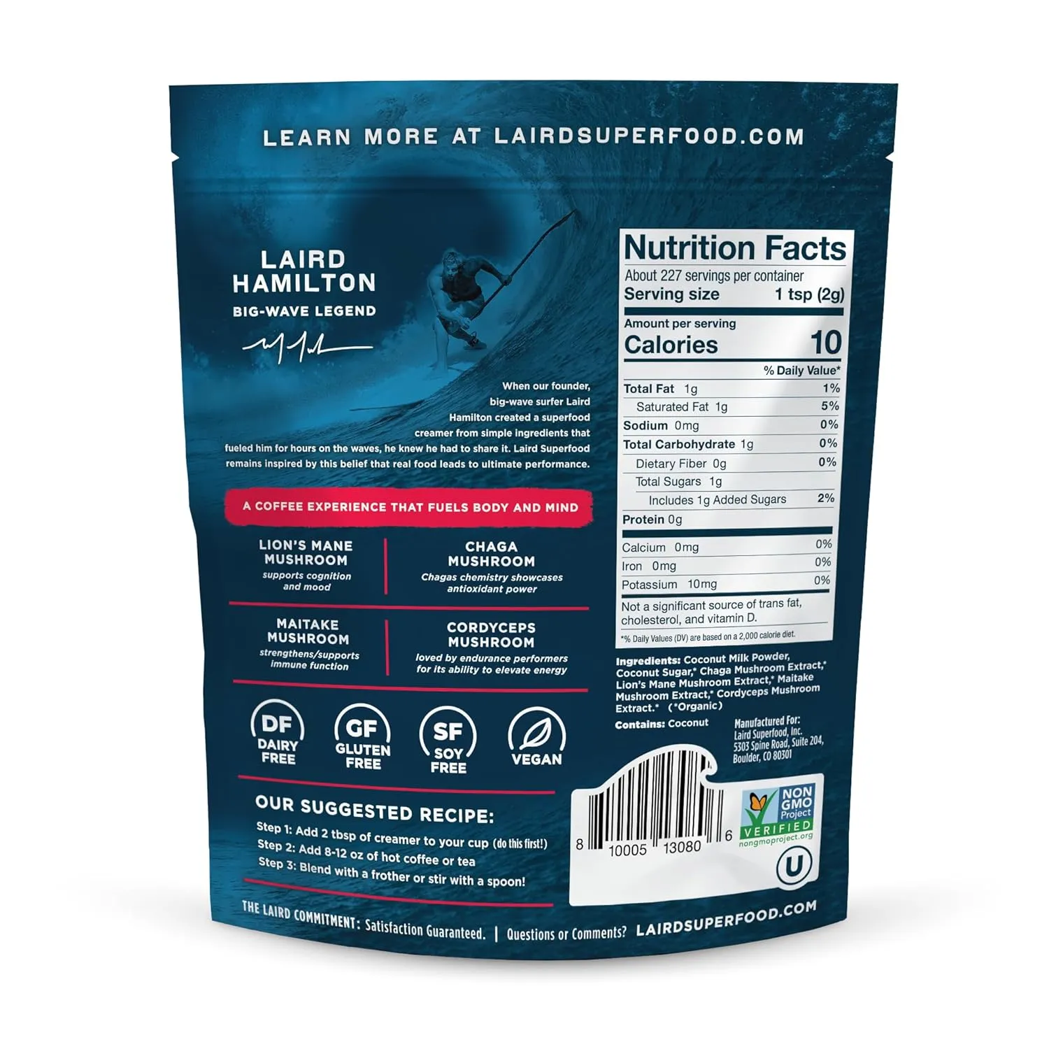 Laird Superfood Non-Dairy Coconut Powder Creamer - Sweet & Creamy   Adaptogens - Superfood Creamer with Functional Mushrooms - Non-GMO, Vegan, 16 oz. Bag, Pack of 1