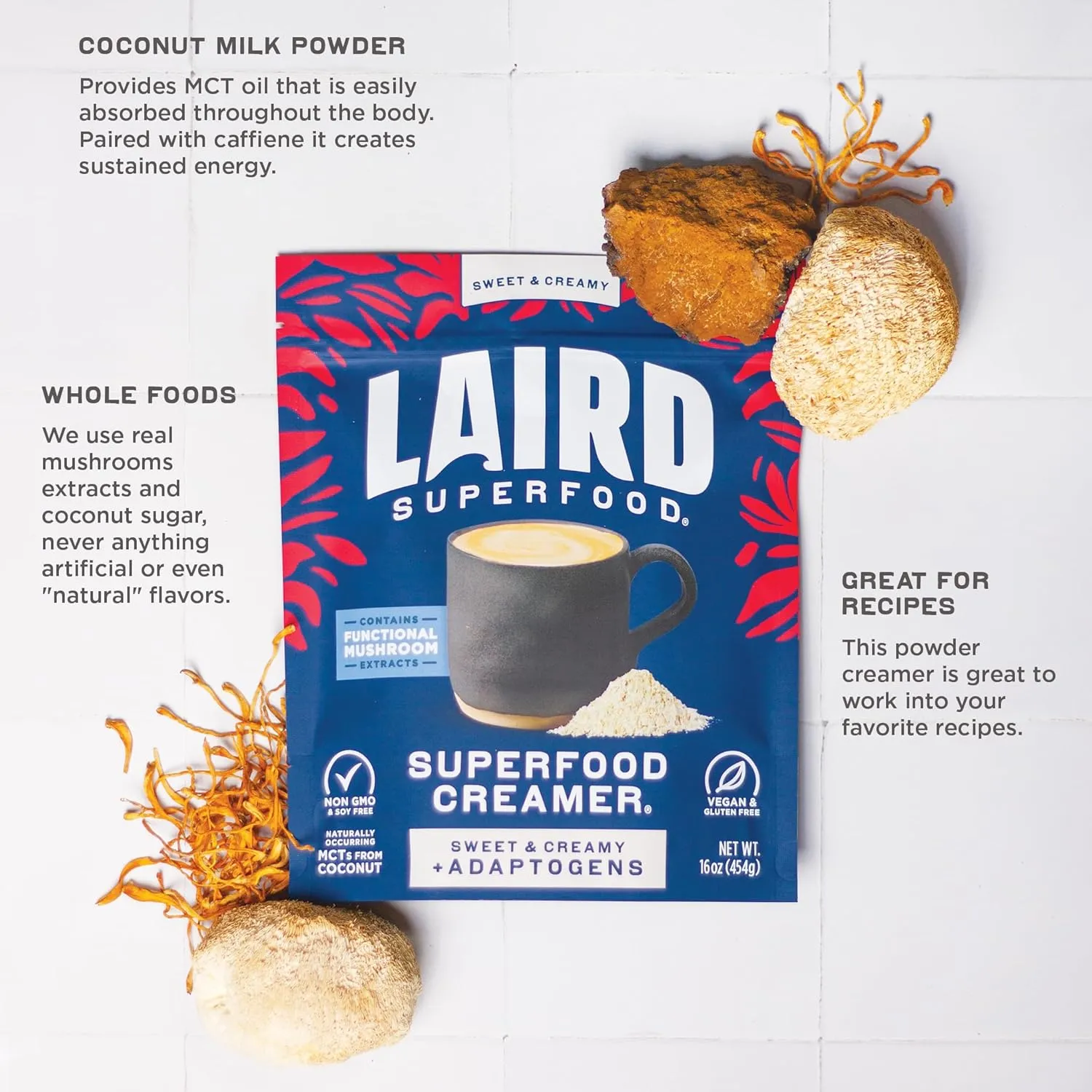 Laird Superfood Non-Dairy Coconut Powder Creamer - Sweet & Creamy   Adaptogens - Superfood Creamer with Functional Mushrooms - Non-GMO, Vegan, 16 oz. Bag, Pack of 1
