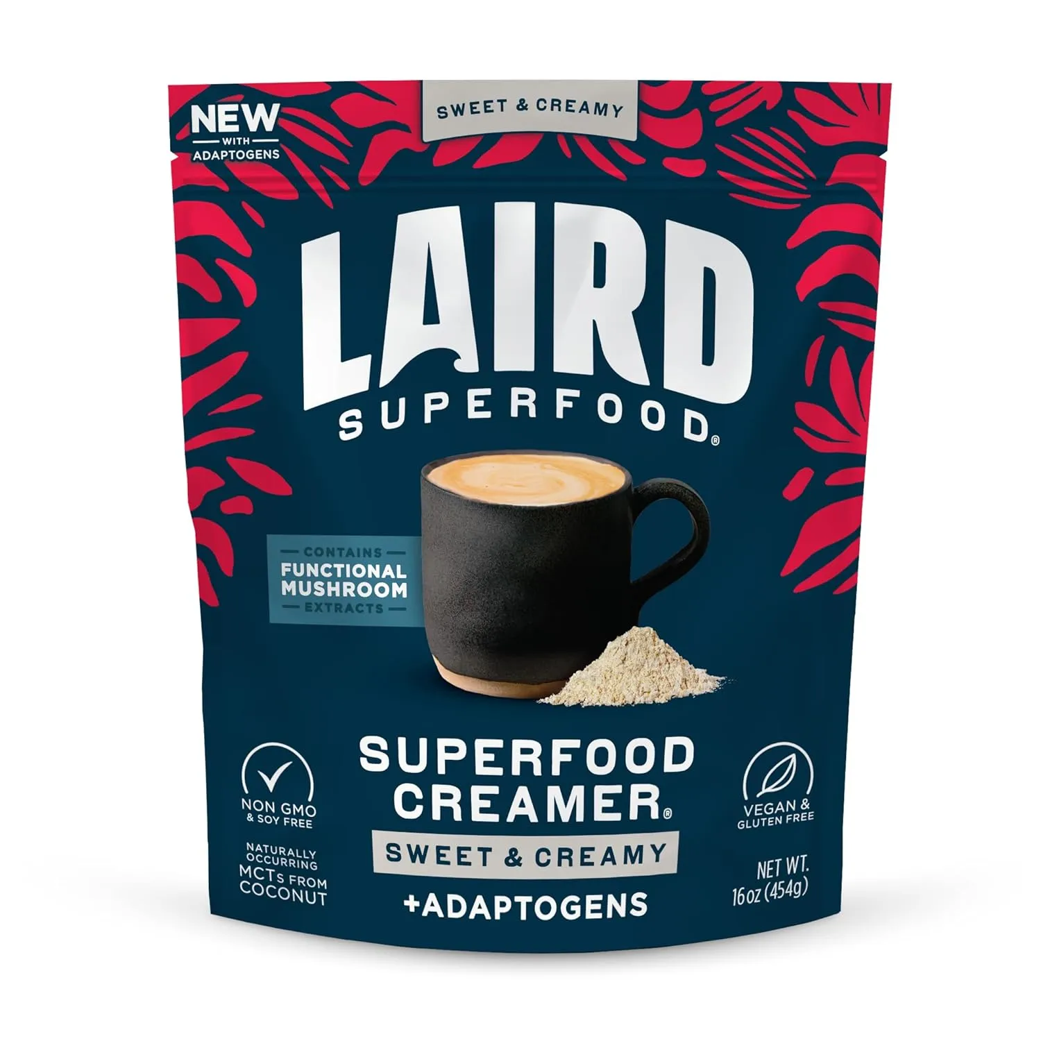 Laird Superfood Non-Dairy Coconut Powder Creamer - Sweet & Creamy   Adaptogens - Superfood Creamer with Functional Mushrooms - Non-GMO, Vegan, 16 oz. Bag, Pack of 1