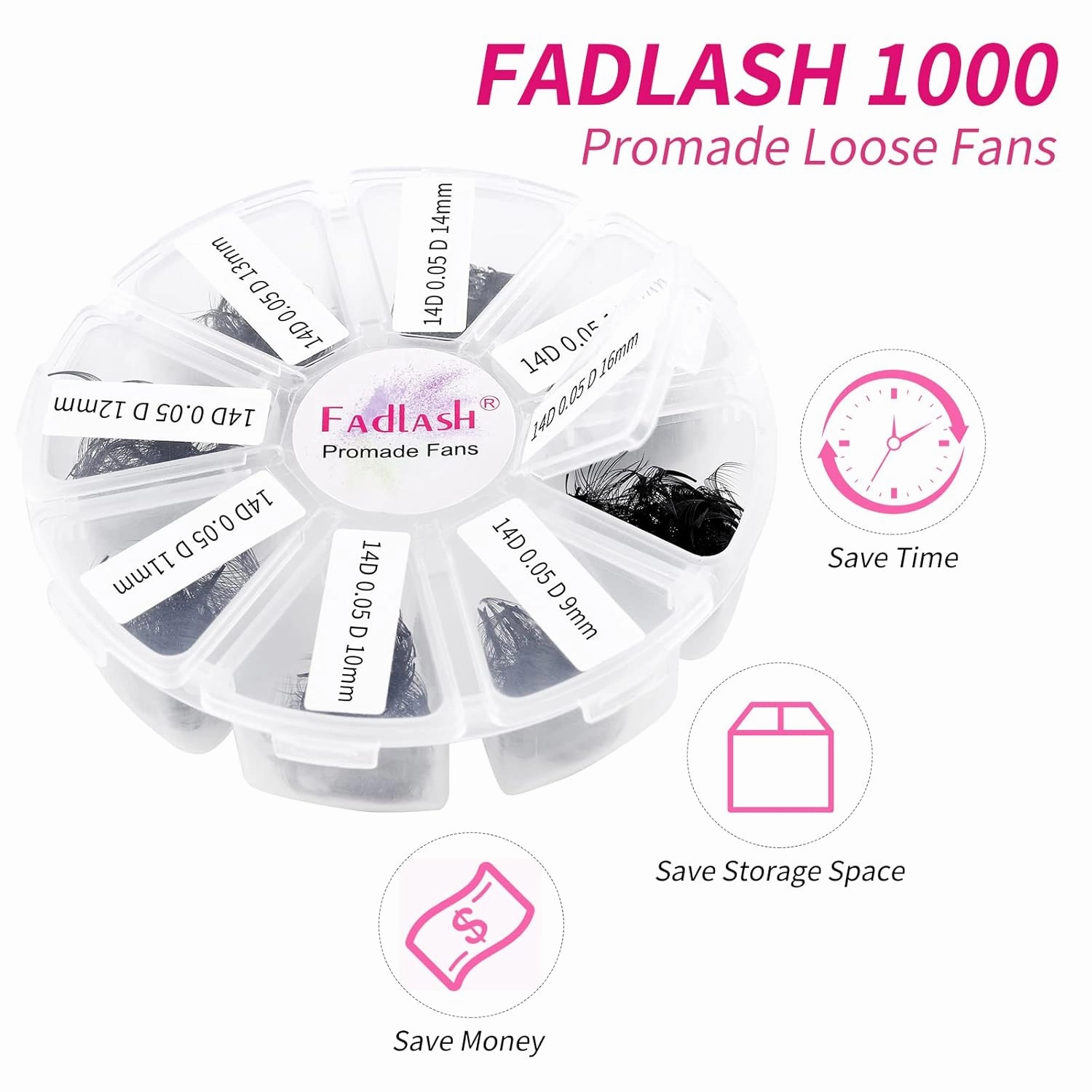 Lash Extension 1000pcs Mixed Premade Fans Eyelash Extensions D Curl Promades Eyelash Volume Lash Extensions Loose Fans Pre Made Volume Lashes Pointed Base (14D-0.05D, 9-16mm)