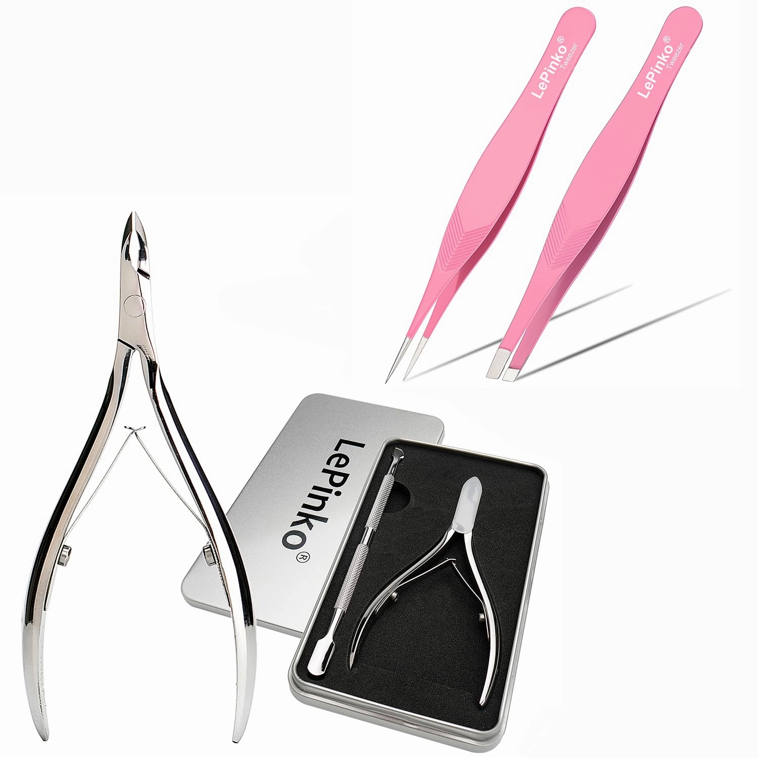 LePinko Salon-Quality Cuticle Trimmer Set and Slanted & Pointed Tweezers Set