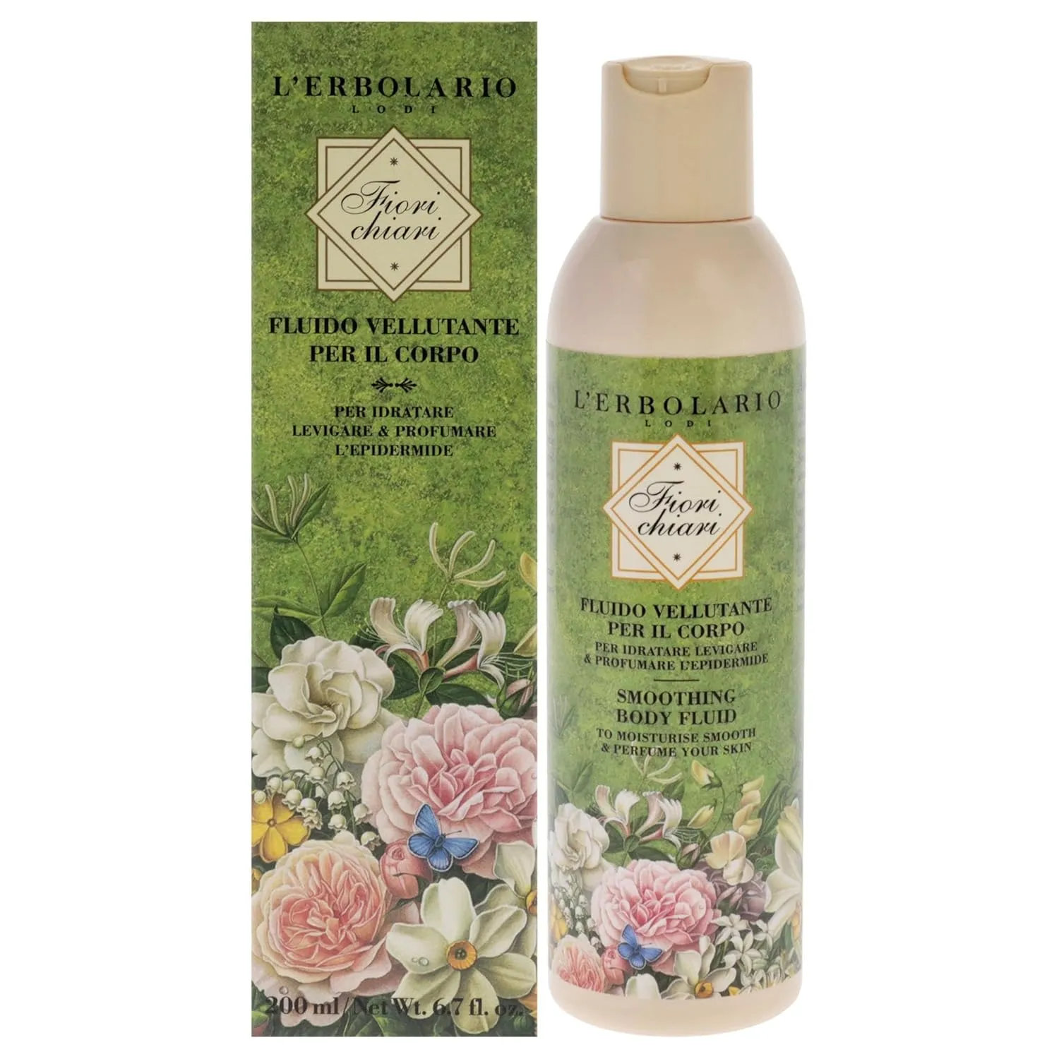 L'Erbolario Fiorichiari Smoothing Body Fluid - Floral Moisturizing Body Lotion with White Lily, Coconut Butters - Softening Dry Skin Lotion - 6.7 oz