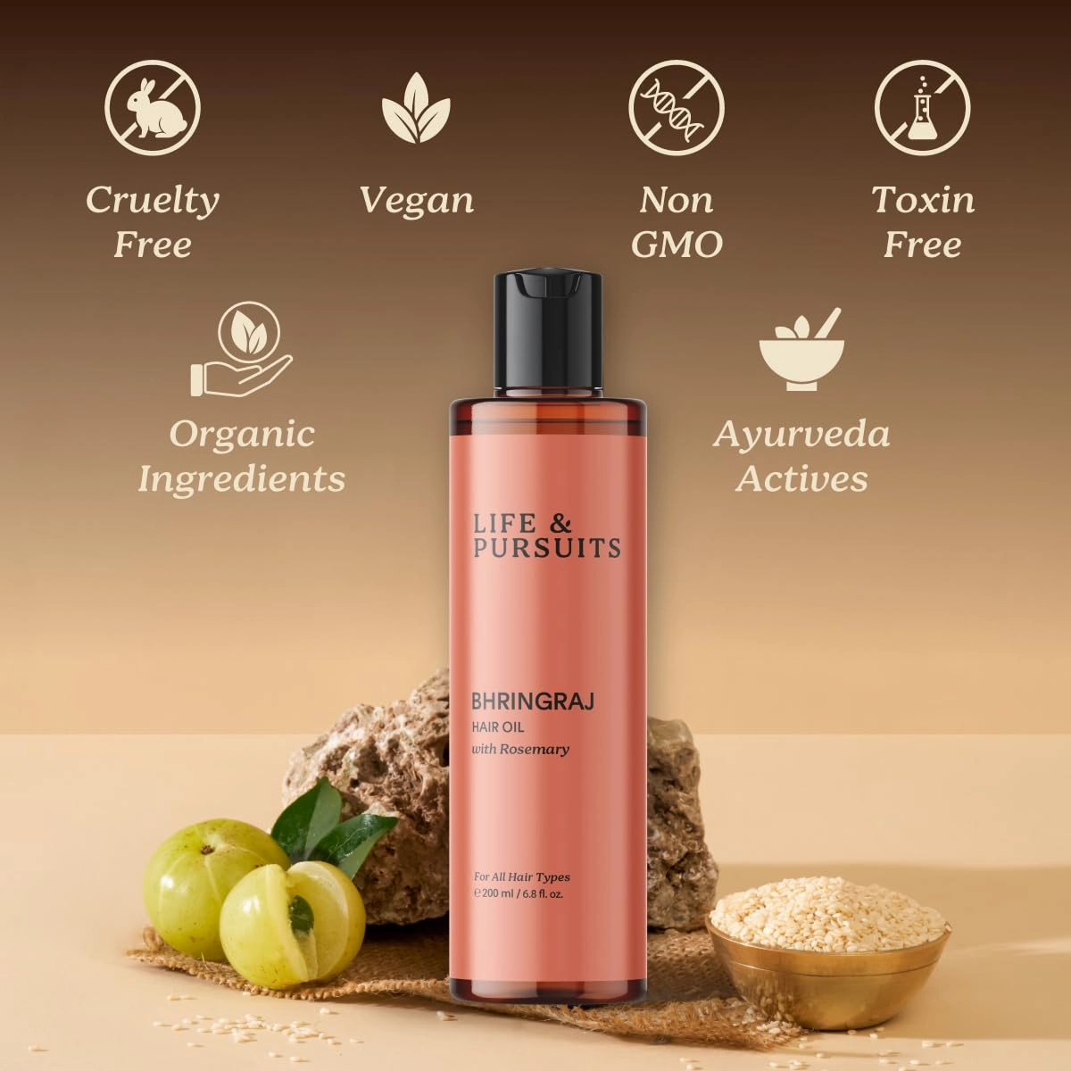 Life & Pursuits Bhringraj Hair Growth Oil 6.8 Fl Oz, Natural Ayurveda Scalp Therapy For Men & Women| Rosemary, Amla, Hibiscus, Tea Tree & Coconut| Reduces Itchiness & Dryness| Nourishes Damaged Hair
