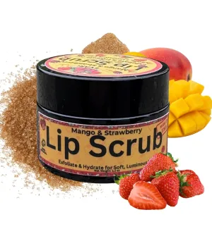 Lip Scrub 100% Natural, USA Made, Vegan Mango Butter Exfoliator, Sugar Polisher and Scrubber for Dry Lips (Regular, Strawberry & Mango)