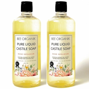 Liquid Castile Soap – (Pack of 2) | Gentle Face & Body Wash for Sensitive Skin | Organic Olive, Coconut & Castor Oils | No Fragrance, SLS-Free, Baby-Safe, Vegan (Rose Geranium)