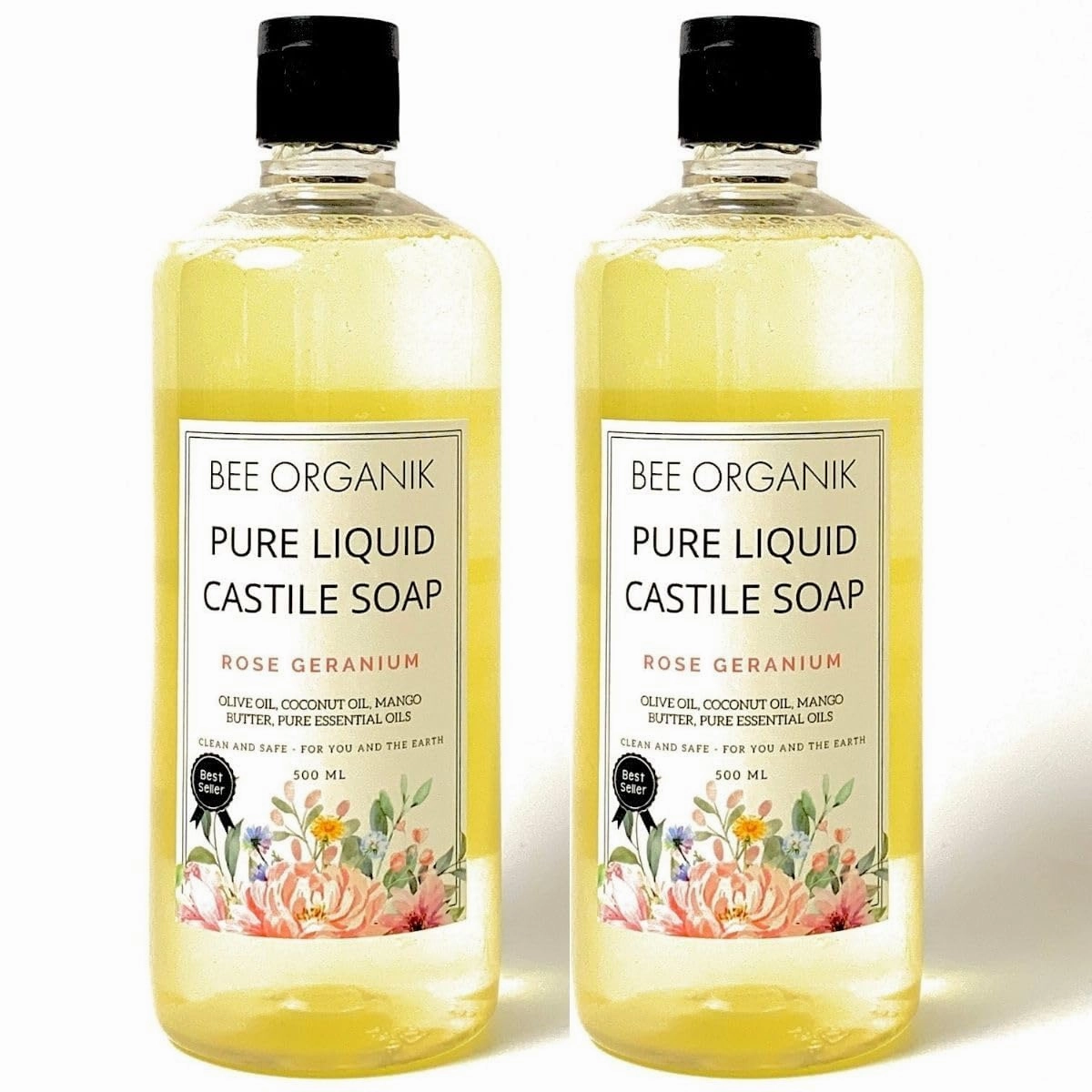 Liquid Castile Soap – (Pack of 2) | Gentle Face & Body Wash for Sensitive Skin | Organic Olive, Coconut & Castor Oils | No Fragrance, SLS-Free, Baby-Safe, Vegan (Rose Geranium)