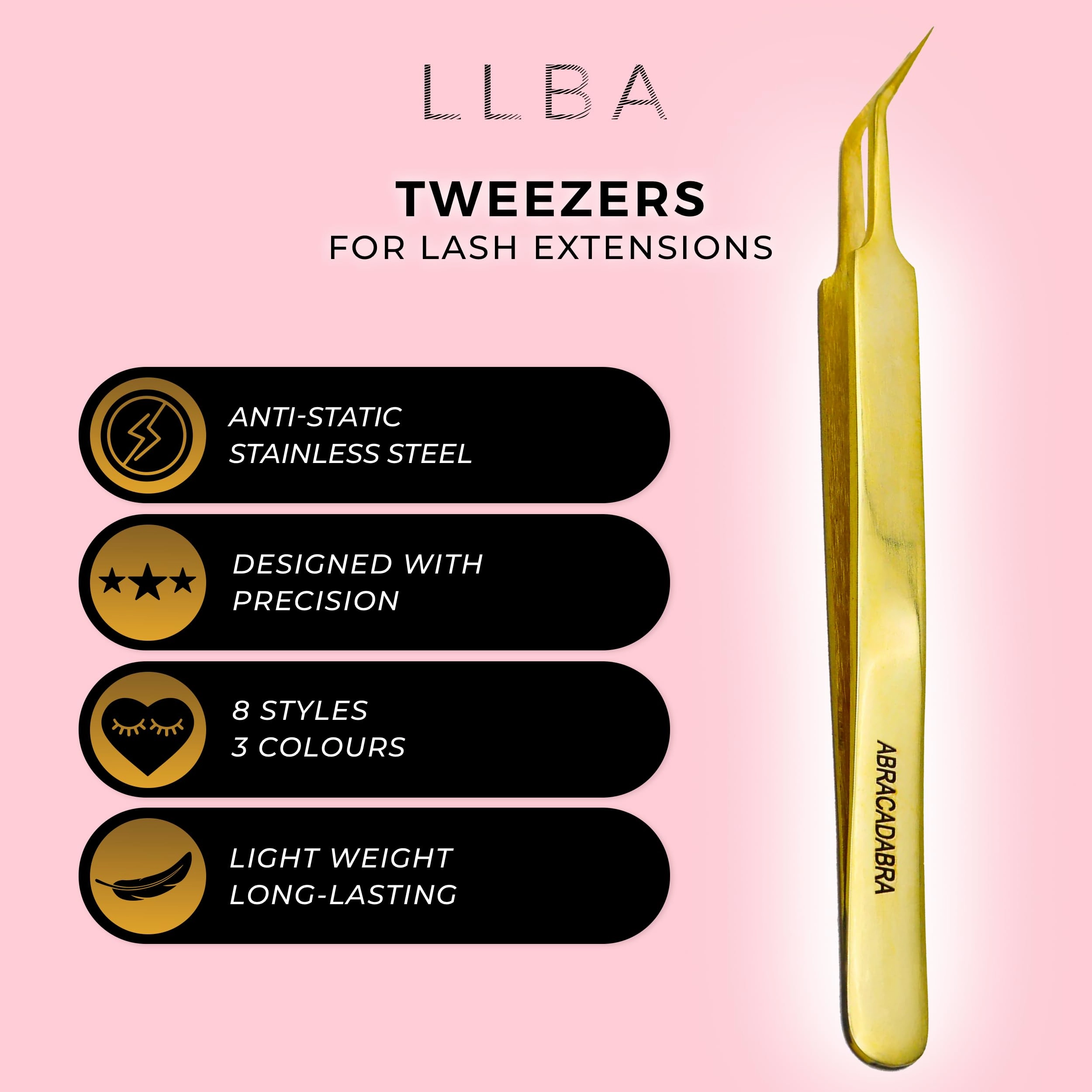 LLBA Lash Tweezer Professional Volume False Lash Application Tool | Multi Shapes & Purposes Tweezers | Non-Slip Grip Tweezers for Volume, Isolation & Classic Lashes (Gold, Abracadabra Isolation)