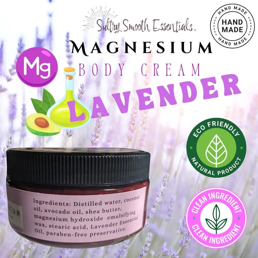 Magnesium Body Cream, Soothing Support for Trouble Sleeping, Migranes, Skin Hydration Cell Function, Handcrafted with Nourishing Avocado & Coconut Oils with Shea Butter. (8 oz)