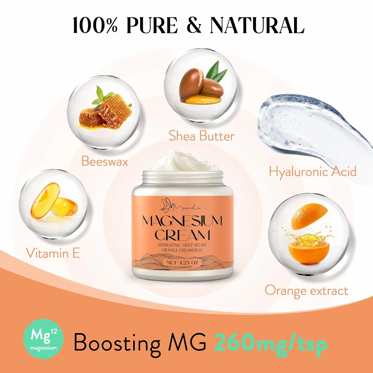 Magnesium Cream for Sleep - Topical Magnesium for Women, Muscle Relaxation, Calm, Moisturizing with Coconut Oil, Shea Butter & Hyaluronic Acid, 4.23 OZ, Safe for Kids (4.23 Ounce, Orange)