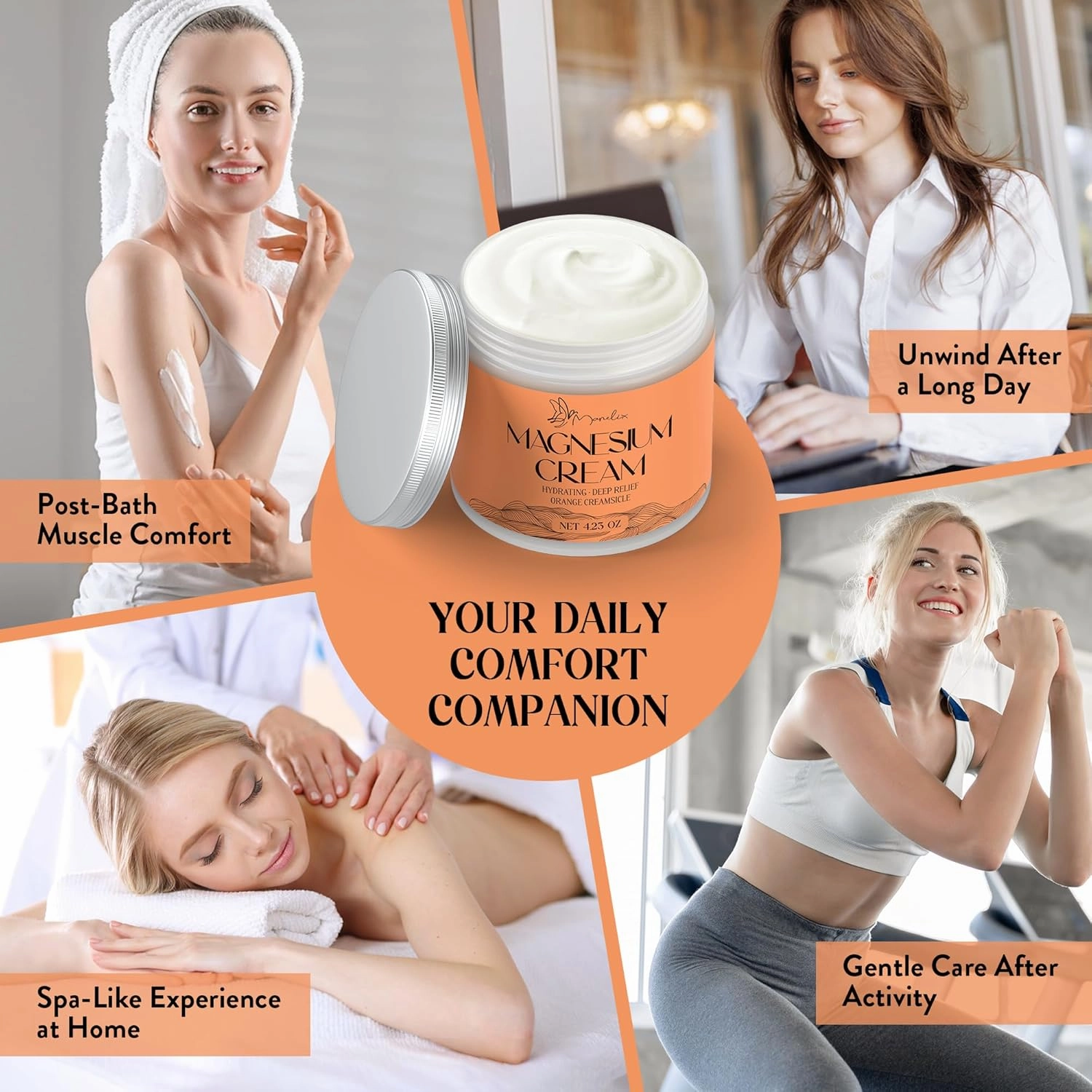 Magnesium Cream for Sleep - Topical Magnesium for Women, Muscle Relaxation, Calm, Moisturizing with Coconut Oil, Shea Butter & Hyaluronic Acid, 4.23 OZ, Safe for Kids (4.23 Ounce, Orange)