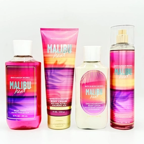 Malibu Heat 4-Piece Bath Bundle | Body Wash, Ultimate Hydration Body Cream, Daily Nourishing Body Lotion and Fine Fragrance Mist