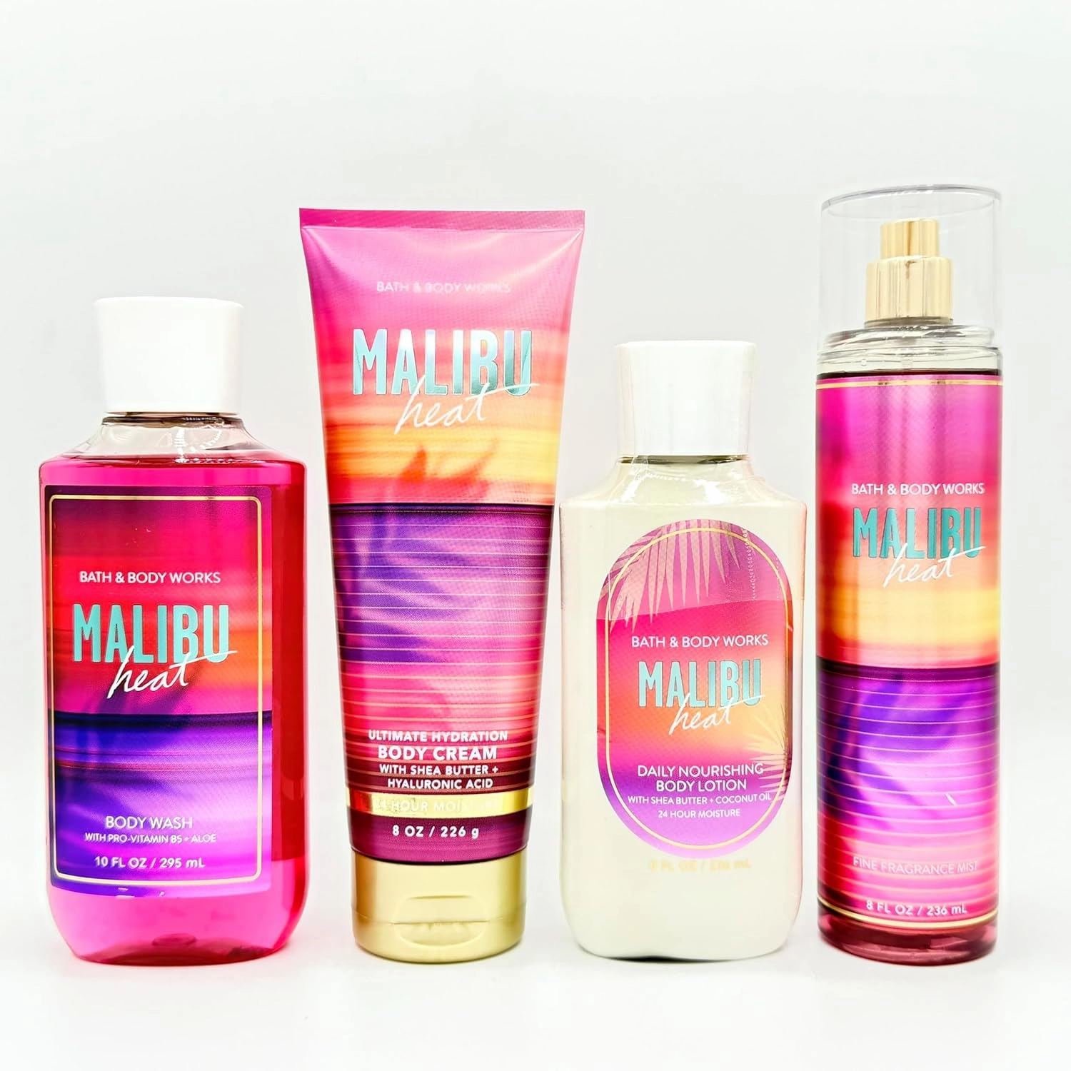 Malibu Heat 4-Piece Bath Bundle | Body Wash, Ultimate Hydration Body Cream, Daily Nourishing Body Lotion and Fine Fragrance Mist