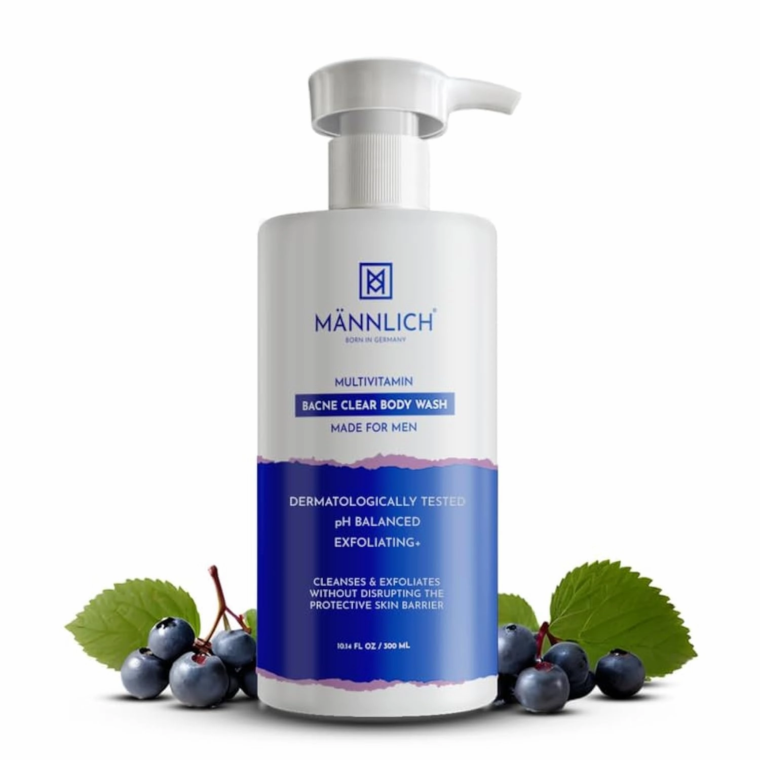 Mannlich 2% Salicylic Acid Body Acne Wash for Men (300 ml) - Bacne Clear Body Wash Men Shower Gel - 3% Niacinamide Prevents Body Acne, Exfoliates & Nourishes Skin - Paraben & SLS Free - Suitable for