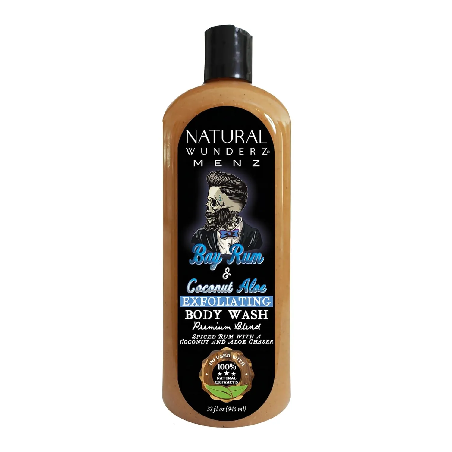 Mens Body Wash, Exfoliating Bay Rum & Coconut Aloe Scent, 32 Fl Oz All-In-One Liquid Soap and Shower Gel, Sulfate Free and Vegan Friendly Body Scrub