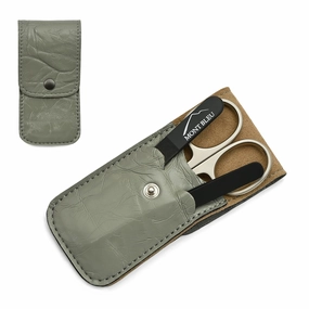 Mont Bleu 3-piece Manicure Set with crystal nail file, in Cruelty Free Grey Leatherette Case | Italian Scissors - Black Czech Crystal Nail File - German Case
