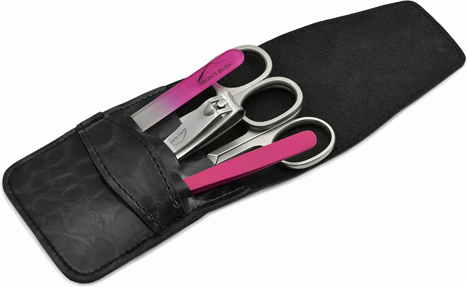Mont Bleu 5-piece Manicure Set with crystal nail file, in Cruelty Free Black Eco-Leather Case | Italian Scissors - Pink Czech Crystal Nail File - German Case