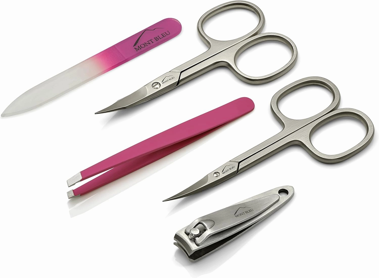 Mont Bleu 5-piece Manicure Set with crystal nail file, in Cruelty Free Black Eco-Leather Case | Italian Scissors - Pink Czech Crystal Nail File - German Case