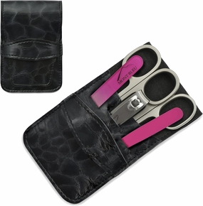 Mont Bleu 5-piece Manicure Set with crystal nail file, in Cruelty Free Black Eco-Leather Case | Italian Scissors - Pink Czech Crystal Nail File - German Case