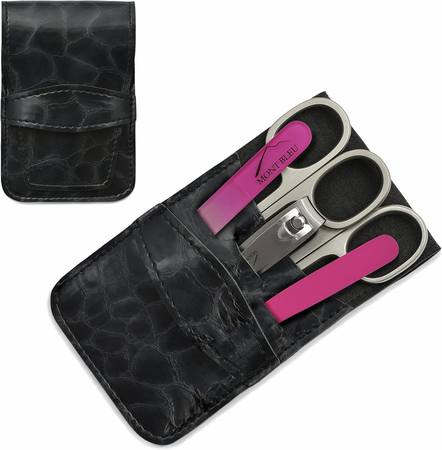 Mont Bleu 5-piece Manicure Set with crystal nail file, in Cruelty Free Black Eco-Leather Case | Italian Scissors - Pink Czech Crystal Nail File - German Case