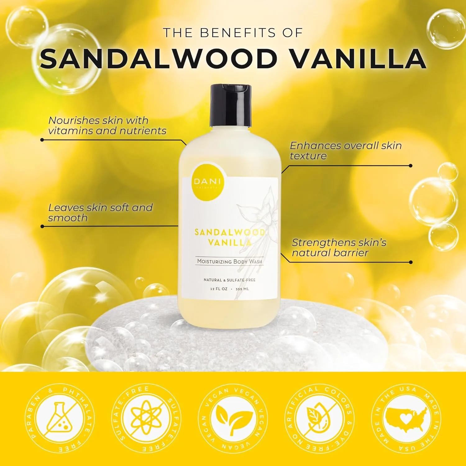 Naturals Body Wash - Warm Sandalwood Vanilla Scent with Organic Aloe Vera & Natural Glycerin - Sulfate & Paraben-Free Shower Gel - For Men & Women - 12 oz - Vegan & Cruelty-Free