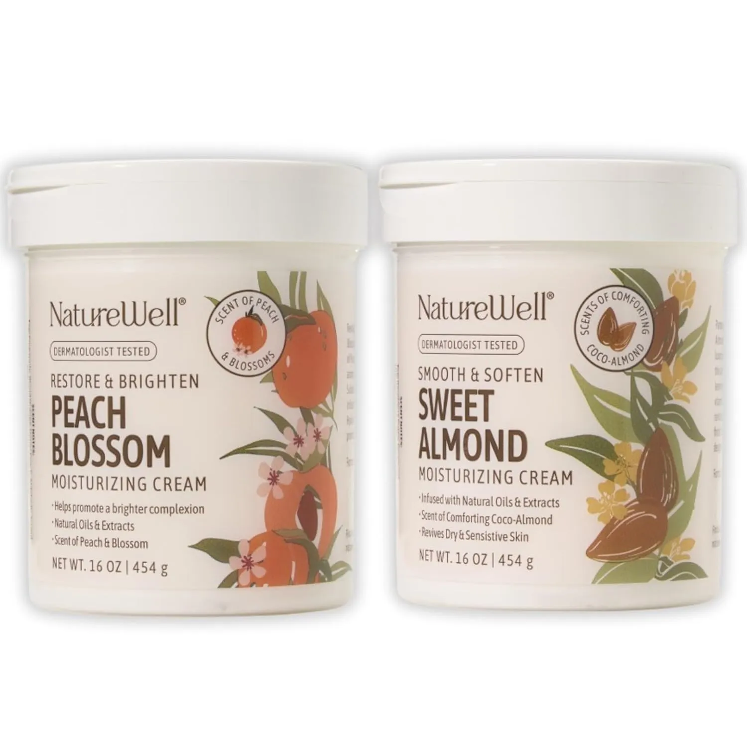 NATURE WELL Sweet Almond & Peach Blossom Gentle Moisturizing Cream Bundle For Face & Body, Smooth & Soften, Restore & Brighten, Ultimate Hydration, 16oz Each