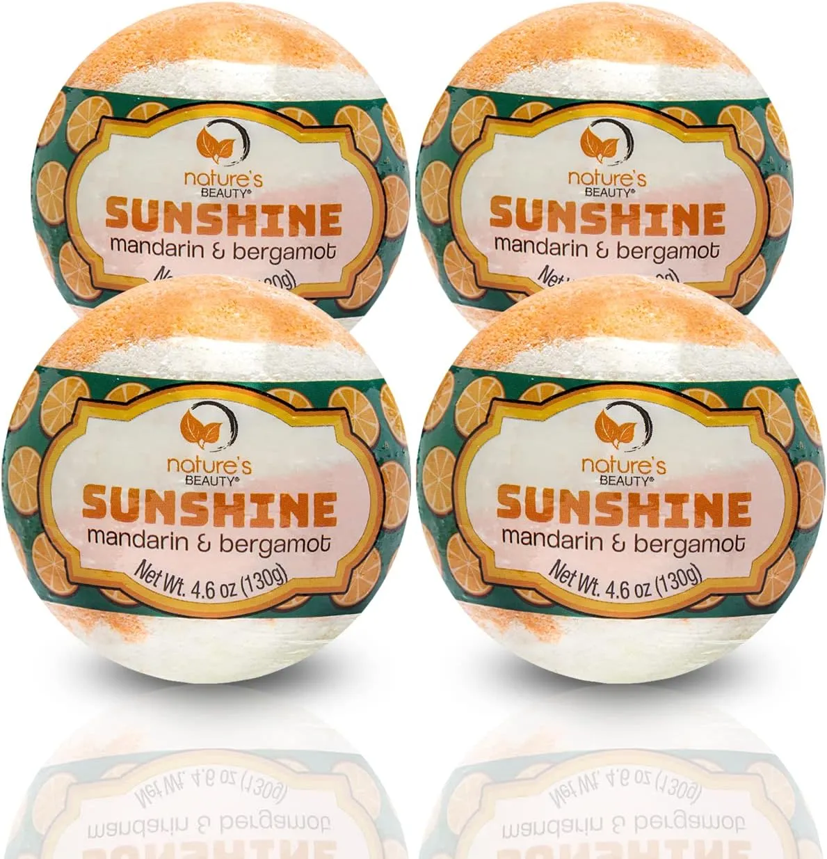 Nature's Beauty Sunshine Mandarin & Bergamot Bath Bomb Multi-Pack - Natural Hand Crafted, Non-Staining, Luxury Fizzy Spa Bomb, Nourishe Dry Skin, Made w/Coconut Oil   VIT. E, 4.6oz (4 Pack)