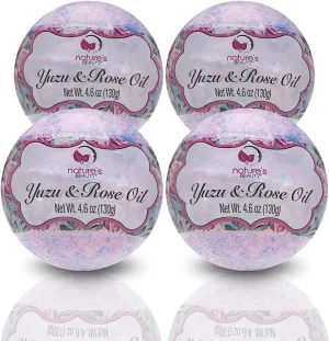 Nature's Beauty Yuzu & Rose Oil Bath Bomb Multi-Pack - Natural Hand Crafted, Non-Staining, Luxury Fizzy Spa Bomb, Nourish Dull   Dry Skin, Made w/Coconut Oil   Witch Hazel, 4.6 oz (4 Pack)