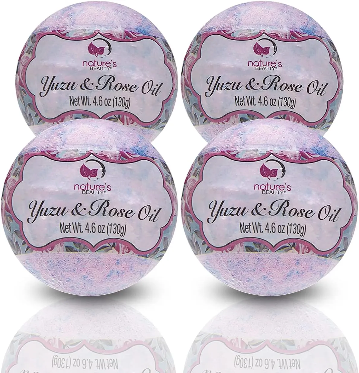 Nature's Beauty Yuzu & Rose Oil Bath Bomb Multi-Pack - Natural Hand Crafted, Non-Staining, Luxury Fizzy Spa Bomb, Nourish Dull   Dry Skin, Made w/Coconut Oil   Witch Hazel, 4.6 oz (4 Pack)