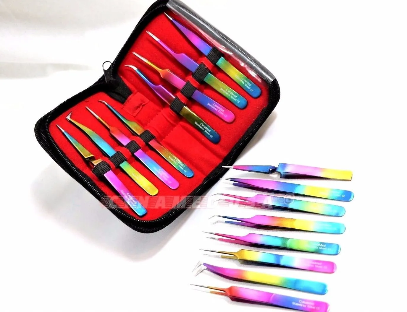 NEW PREMIUM GRADE Set of 8 Piece Stainless Steel Multi Rainbow Color Eyelash ExtensionTweezers-A  QUALITY