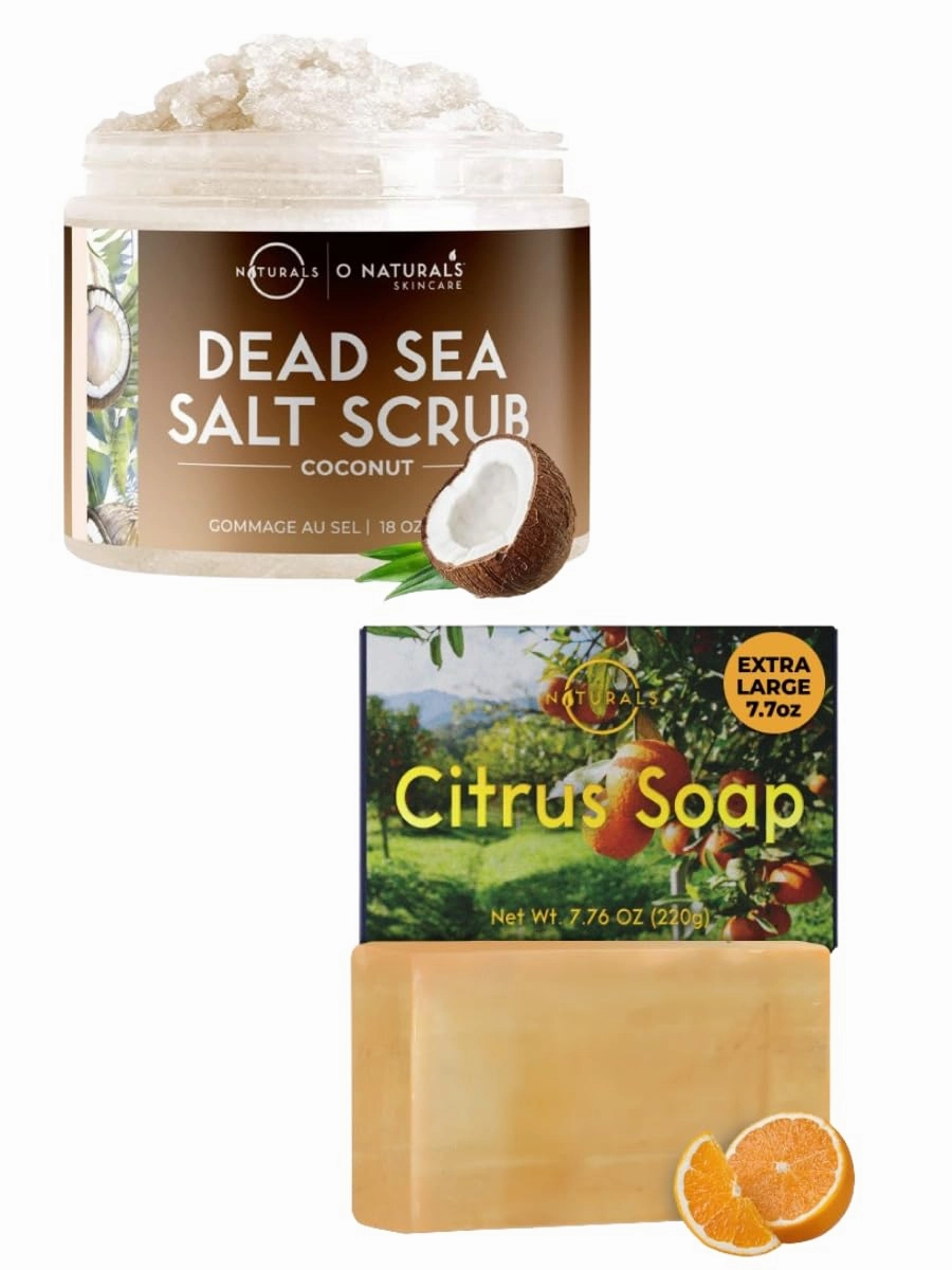 O Naturals Coconut Scrub & 1pc Citrus Soap Bundle - Exfoliating Coconut Oil Dead Sea Salt Deep-Cleansing Face & Body Scrub, Organic & Natural Soap for Men & Women, Citrus Mens Soap